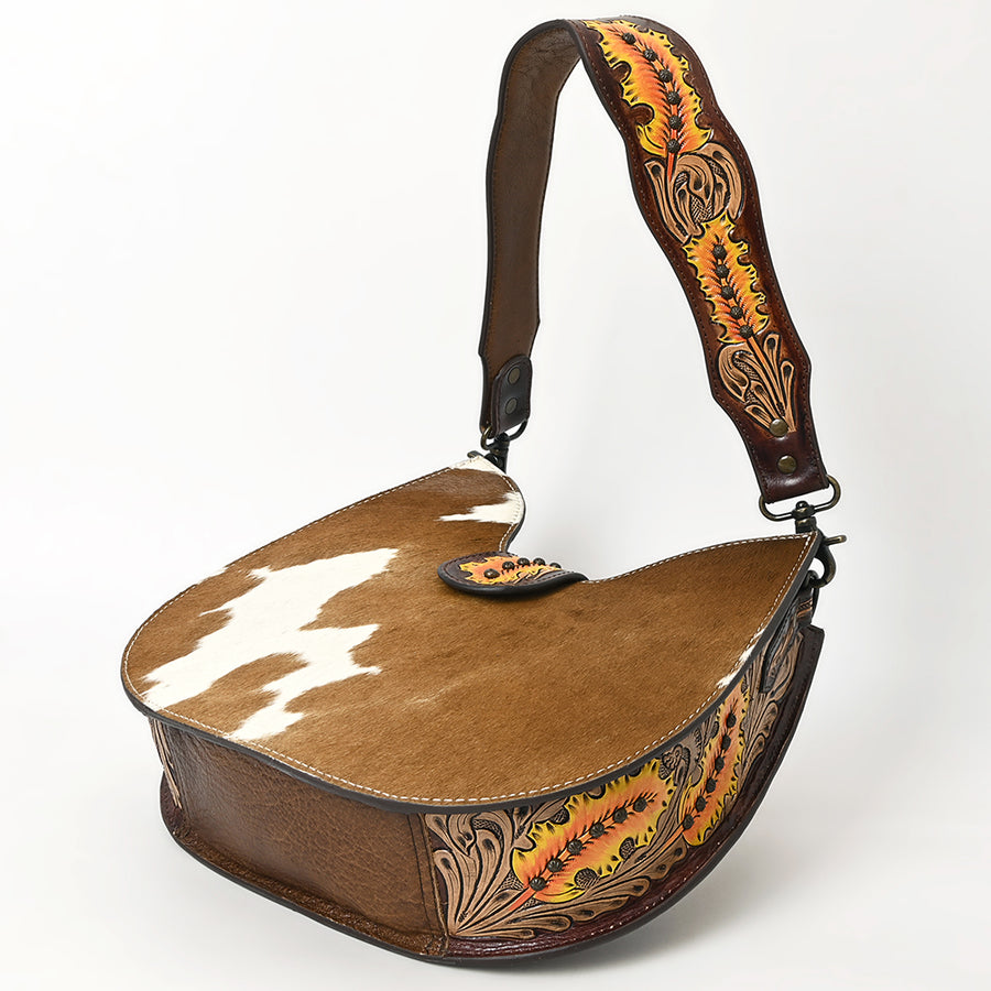 American Darling Western Hair-on Cowhide Hobo Bag – Genuine Leather Hand-Tooled Floral Design with Floral Accents and Wide Shoulder Strap