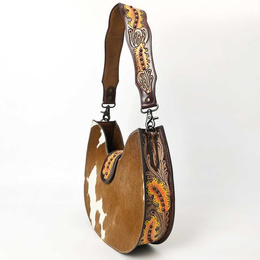 American Darling Western Hair-on Cowhide Hobo Bag – Genuine Leather Hand-Tooled Floral Design with Floral Accents and Wide Shoulder Strap