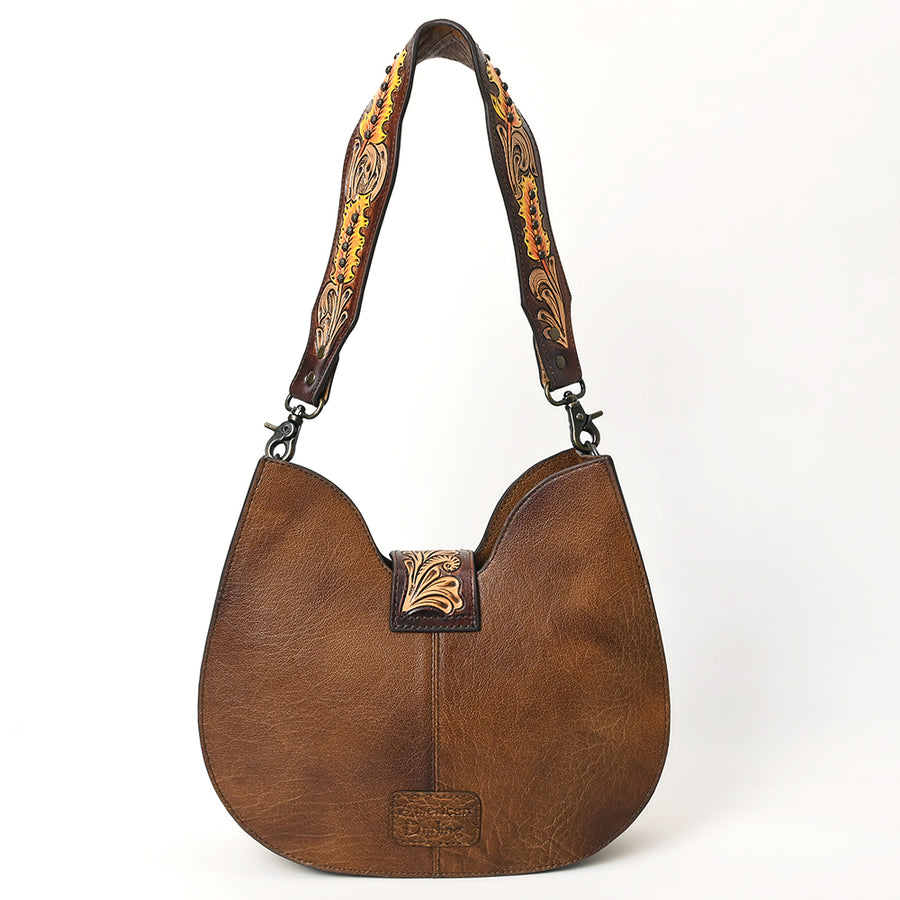 American Darling Western Hair-on Cowhide Hobo Bag – Genuine Leather Hand-Tooled Floral Design with Floral Accents and Wide Shoulder Strap