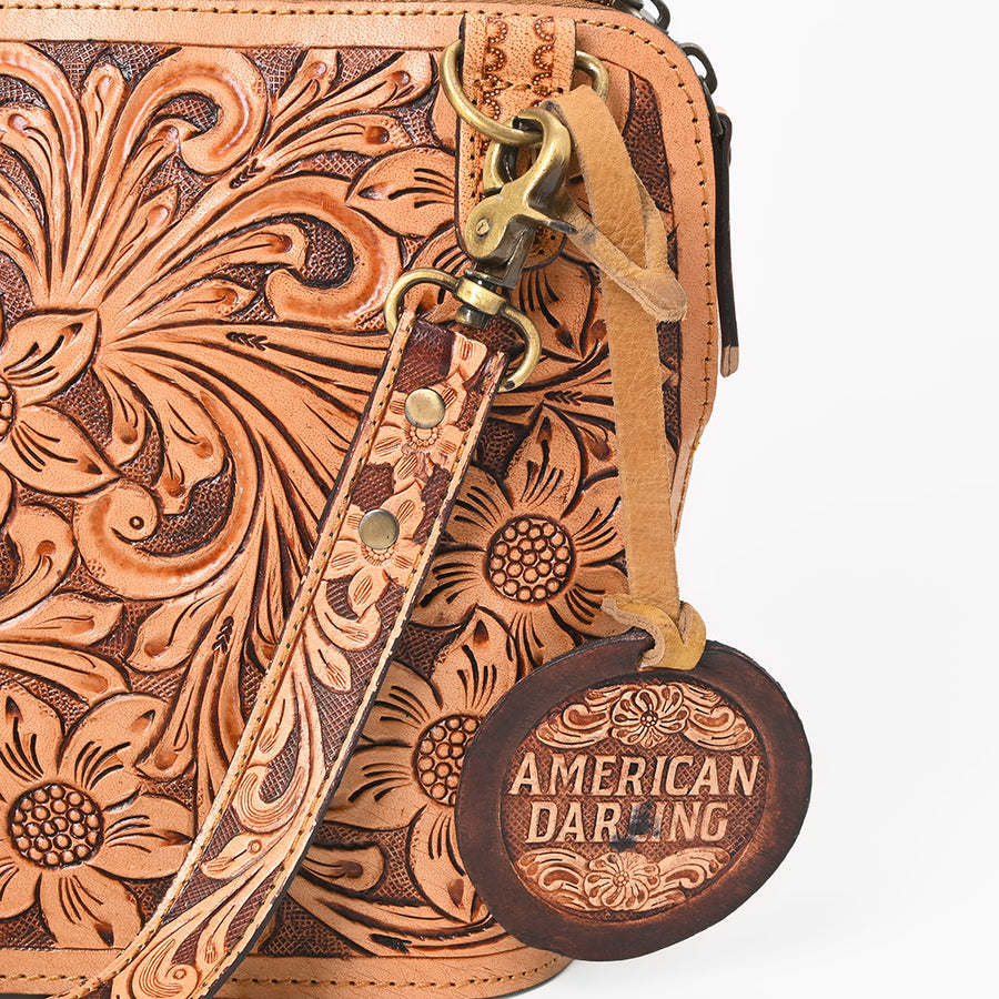 American Darling Western Leather Crossbody Bag Hand Tooled Floral Carved Purse with Adjustable Strap