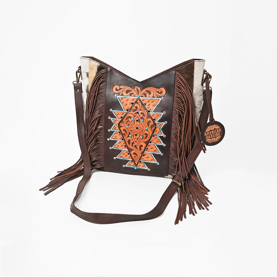 American Darling Hand-Tooled Hair-On Cowhide Western Leather Fringe Crossbody Bag - Uhorse