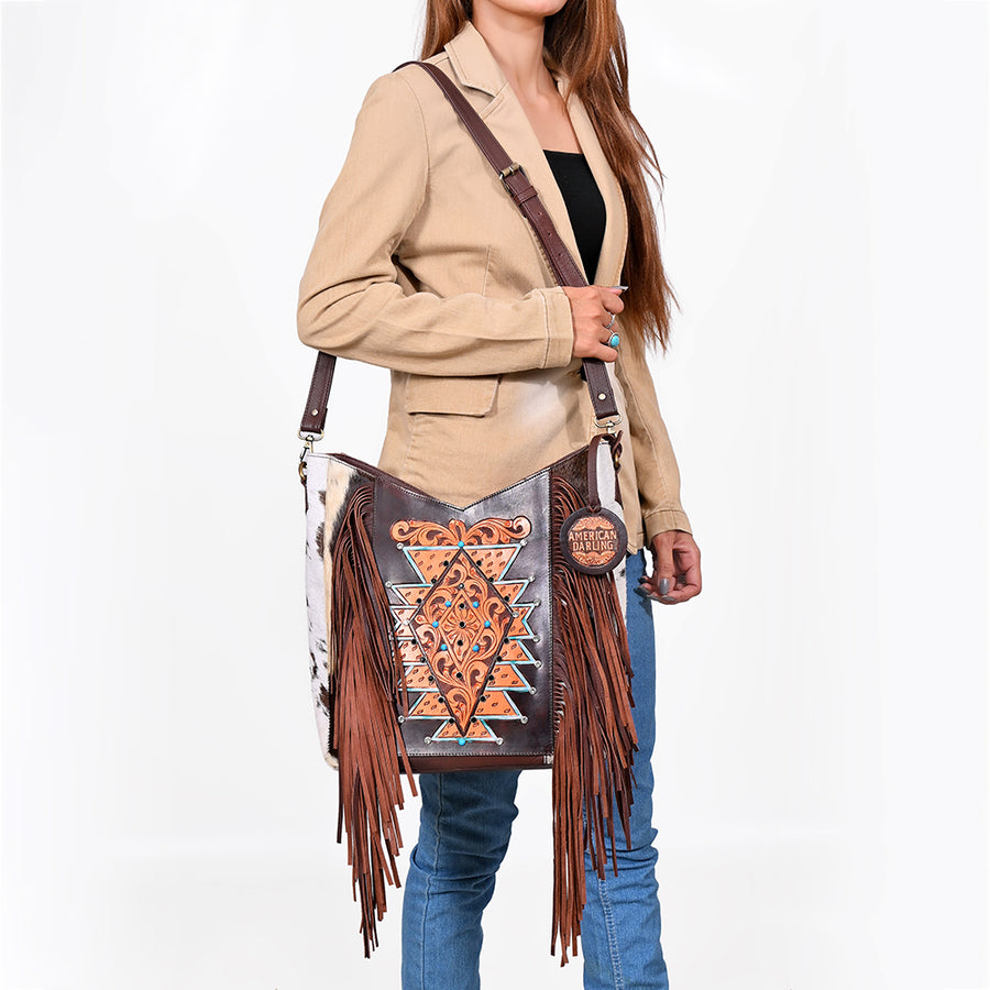 American Darling Women’s Hand-Tooled Hair-On Cowhide Western Leather Fringe Crossbody Bag 14in (H) X 12in (W) X 3in (D)