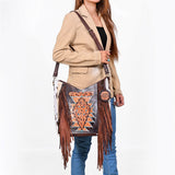 American Darling Women’s Hand-Tooled Hair-On Cowhide Western Leather Fringe Crossbody Bag 14in (H) X 12in (W) X 3in (D)