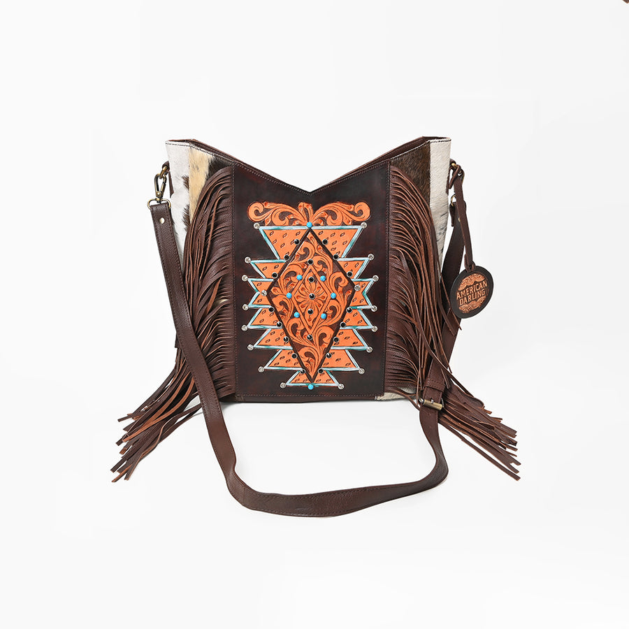American Darling Women’s Hand-Tooled Hair-On Cowhide Western Leather Fringe Crossbody Bag 14in (H) X 12in (W) X 3in (D)