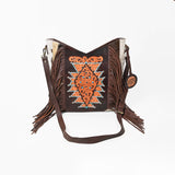 American Darling Women’s Hand-Tooled Hair-On Cowhide Western Leather Fringe Crossbody Bag 14in (H) X 12in (W) X 3in (D)