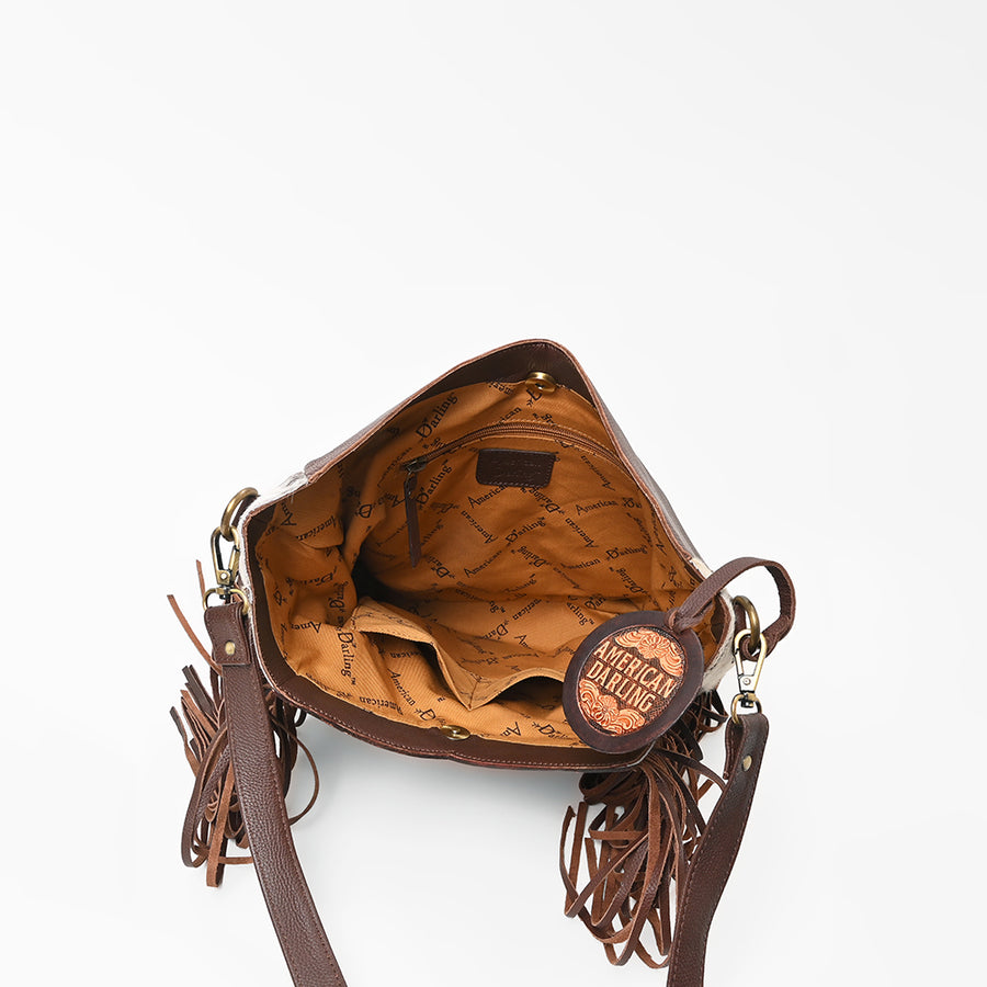 American Darling Women’s Hand-Tooled Hair-On Cowhide Western Leather Fringe Crossbody Bag 14in (H) X 12in (W) X 3in (D)