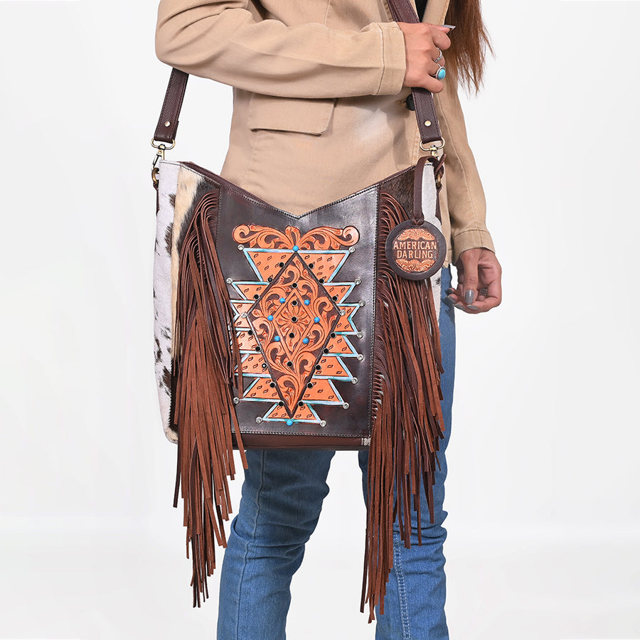 American Darling Women’s Hand-Tooled Hair-On Cowhide Western Leather Fringe Crossbody Bag 14in (H) X 12in (W) X 3in (D)