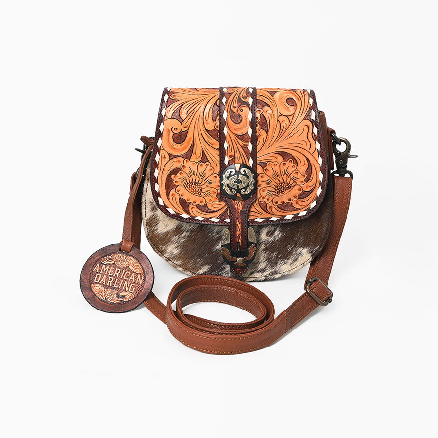 American Darling Hair-on and Hand-Tooled Genuine Leather Western Crossbody Bag with Adjustable Strap 7in (H) X 8in (W) X 3in (D)