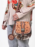 American Darling Hair-on and Hand-Tooled Genuine Leather Western Crossbody Bag with Adjustable Strap 7in (H) X 8in (W) X 3in (D)