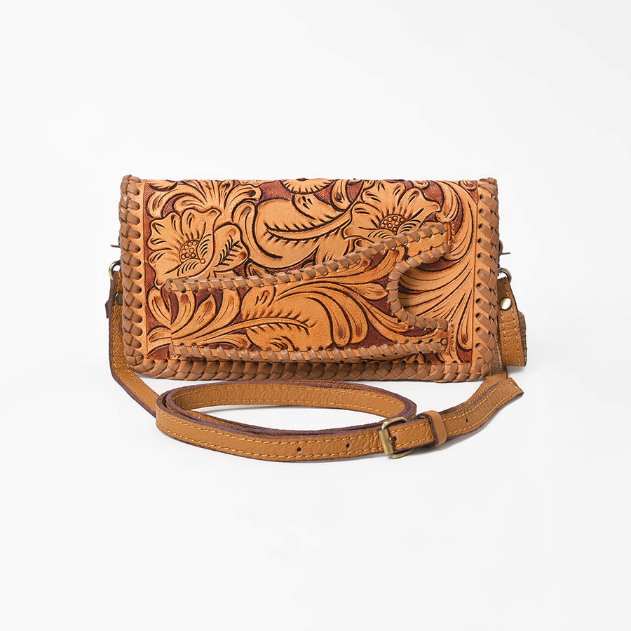 American Darling Western Hand-Tooled Leather Clutch Bag with Floral Carving and Premium Genuine Leather