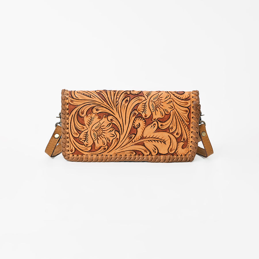 American Darling Western Hand-Tooled Leather Clutch Bag with Floral Carving and Premium Genuine Leather