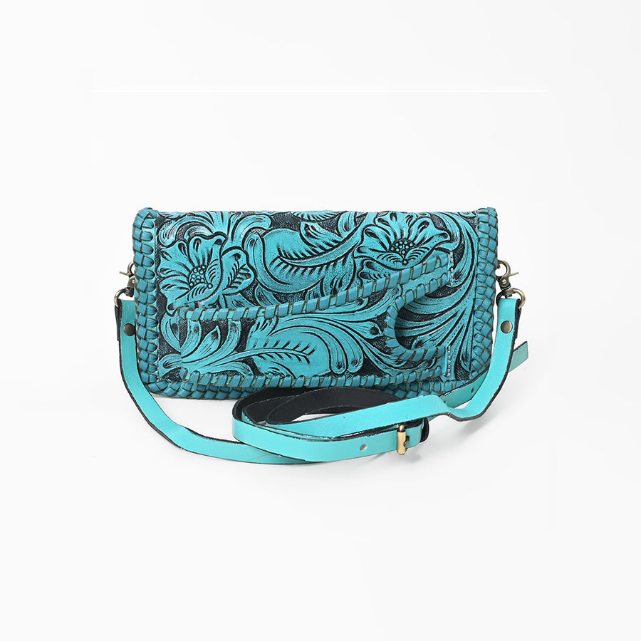 American Darling Western Hand-Tooled Leather Clutch Bag with Floral Carving and Premium Genuine Leather