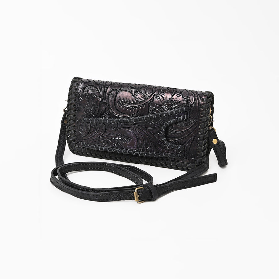 American Darling Western Hand-Tooled Leather Clutch Bag with Floral Carving - Uhorse