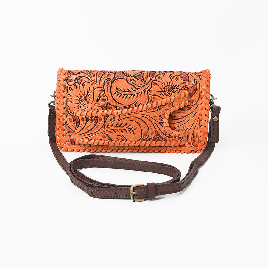 American Darling Western Hand-Tooled Leather Clutch Bag with Floral Carving and Premium Genuine Leather