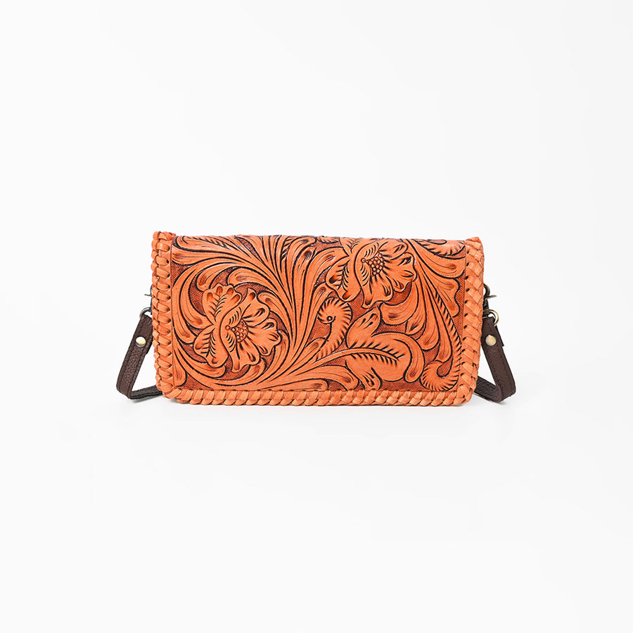 American Darling Western Hand-Tooled Leather Clutch Bag with Floral Carving and Premium Genuine Leather