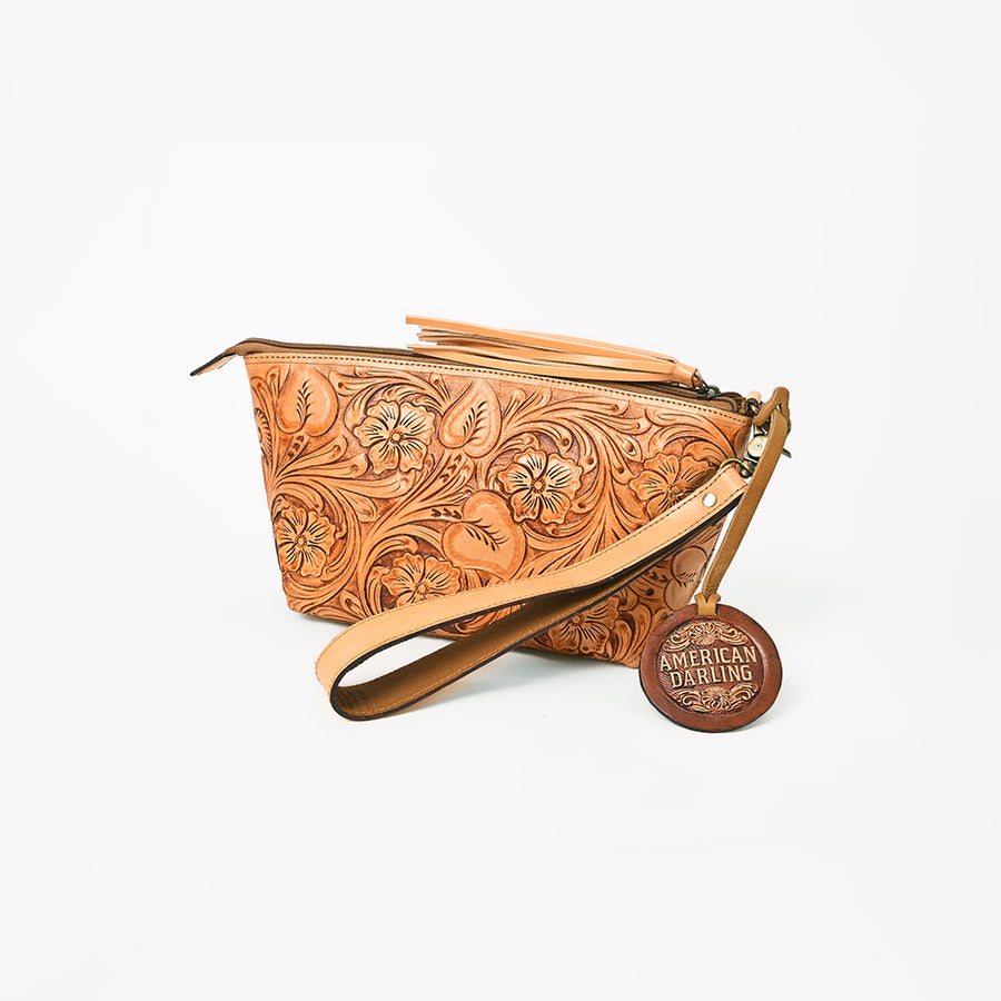 American Darling Hand-Tooled Western Leather Wristlet Bag - Genuine Floral Carved Women's Clutch - Uhorse