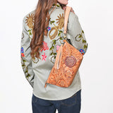 American Darling Western Hand-Tooled Leather Wristlet Bag – Genuine Floral Carved Women’s Clutch with Fringe Strap