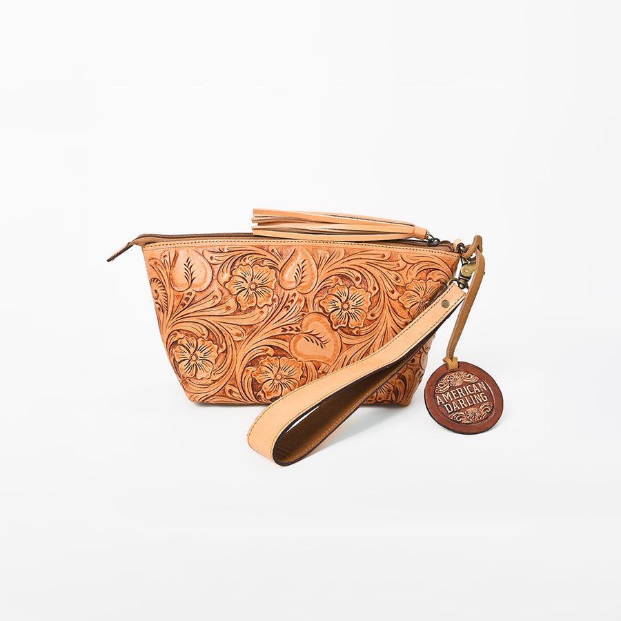 American Darling Western Hand-Tooled Leather Wristlet Bag – Genuine Floral Carved Women’s Clutch with Fringe Strap