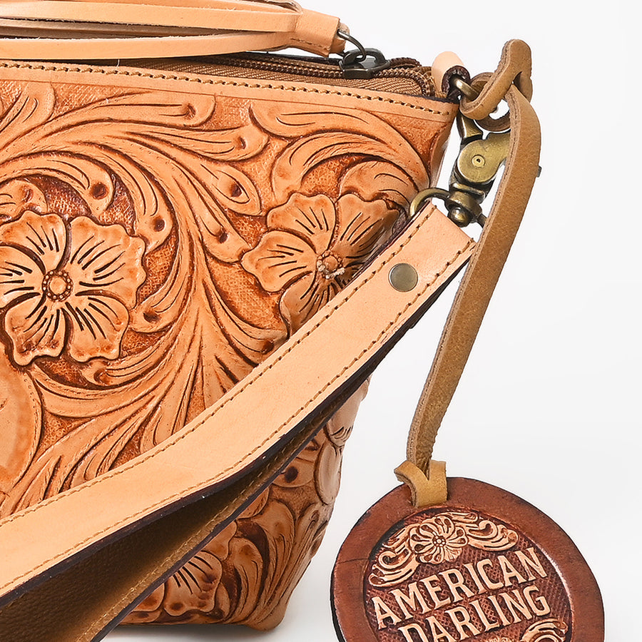 American Darling Western Hand-Tooled Leather Wristlet Bag – Genuine Floral Carved Women’s Clutch with Fringe Strap