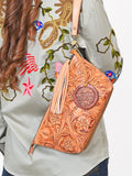 American Darling Western Hand-Tooled Leather Wristlet Bag – Genuine Floral Carved Women’s Clutch with Fringe Strap