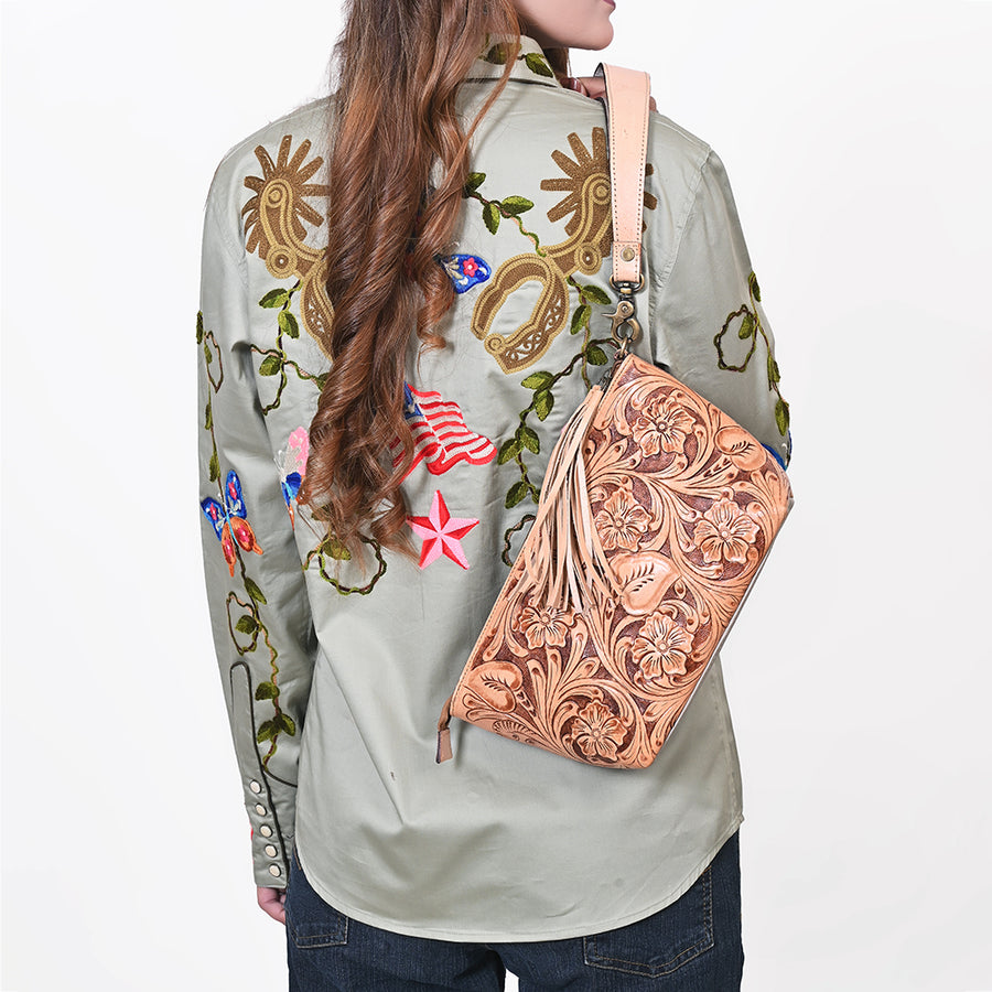 American Darling Western Hand-Tooled Leather Wristlet Bag – Genuine Floral Carved Women’s Clutch with Fringe Strap