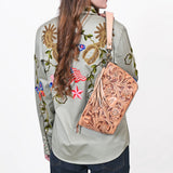 American Darling Western Hand-Tooled Leather Wristlet Bag – Genuine Floral Carved Women’s Clutch with Fringe Strap