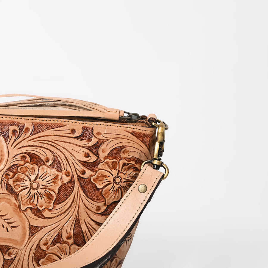 American Darling Western Hand-Tooled Leather Wristlet Bag – Genuine Floral Carved Women’s Clutch with Fringe Strap