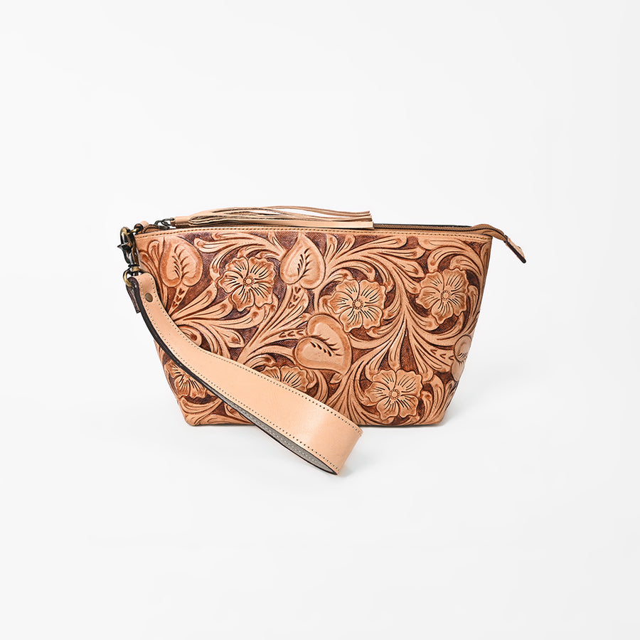 American Darling Western Hand-Tooled Leather Wristlet Bag – Genuine Floral Carved Women’s Clutch with Fringe Strap