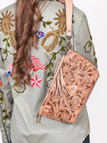 American Darling Western Hand-Tooled Leather Wristlet Bag – Genuine Floral Carved Women’s Clutch with Fringe Strap
