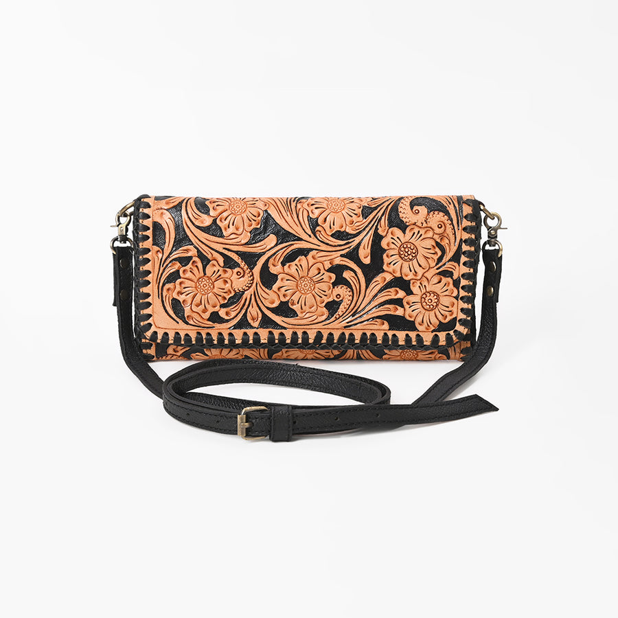 American Darling Western Crossbody Wallet Handcrafted from Tooled Genuine Leather | Floral Carved Flap & Braided Edge Detail