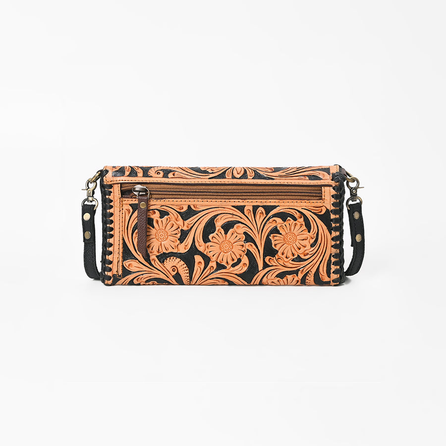 American Darling Western Crossbody Wallet Handcrafted from Tooled Genuine Leather | Floral Carved Flap & Braided Edge Detail