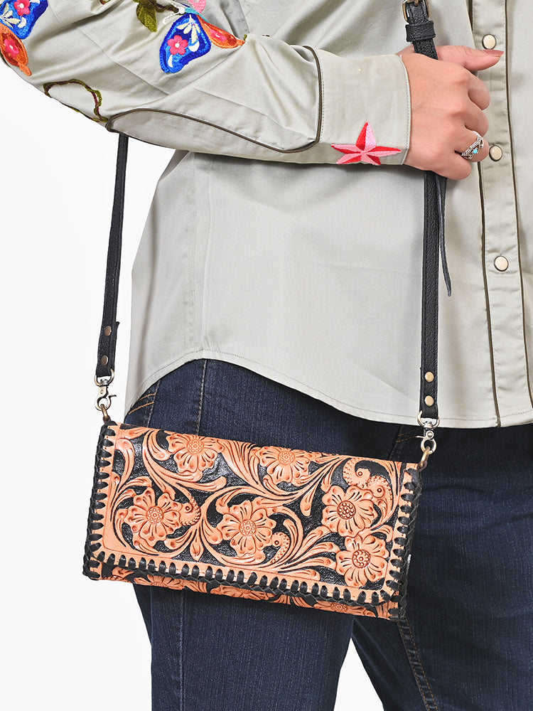 American Darling Western Crossbody Wallet Handcrafted from Tooled Genuine Leather | Floral Carved Flap & Braided Edge Detail