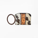 American Darling Western Wristlet Pouch Handcrafted from Hair-on Cowhide & Hand-Tooled Leather | Floral Carved Panel & Oversized O-Ring Handle