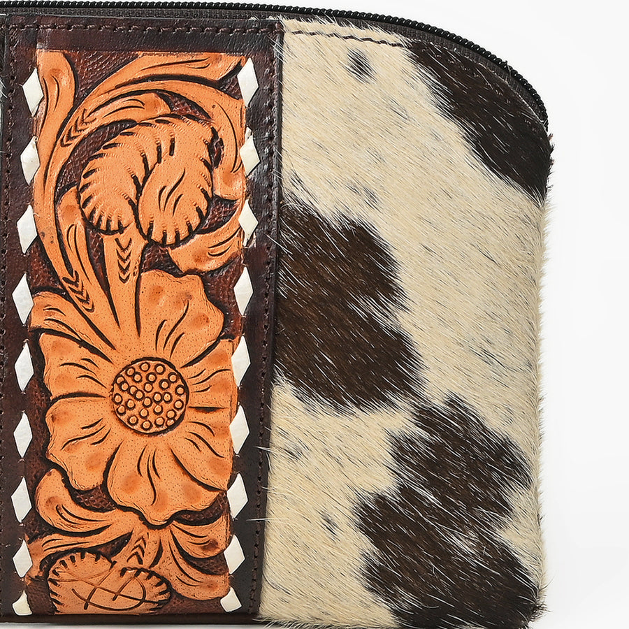 American Darling Western Wristlet Pouch Handcrafted from Hair-on Cowhide & Hand-Tooled Leather | Floral Carved Panel & Oversized O-Ring Handle