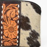 American Darling Western Wristlet Pouch Handcrafted from Hair-on Cowhide & Hand-Tooled Leather | Floral Carved Panel & Oversized O-Ring Handle