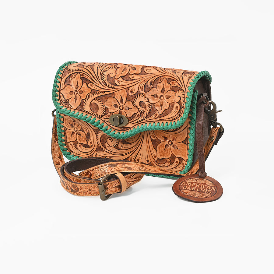 American Darling Western Genuine Leather Small Cross Body Bag with Hand-Tooled Floral Design - Uhorse