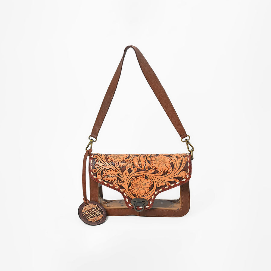 American Darling Hand-Tooled Western Leather Clear Bag – Genuine Floral Carved Crossbody, Vegetable-Tanned Full-Grain Leather