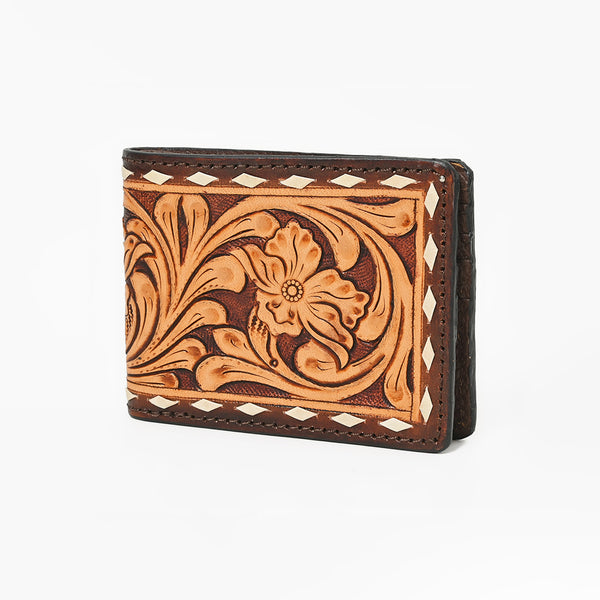 American Darling Hand-Tooled Leather Wallet Hand Bag with Western Buck Stitching and Floral Detailing - Uhorse