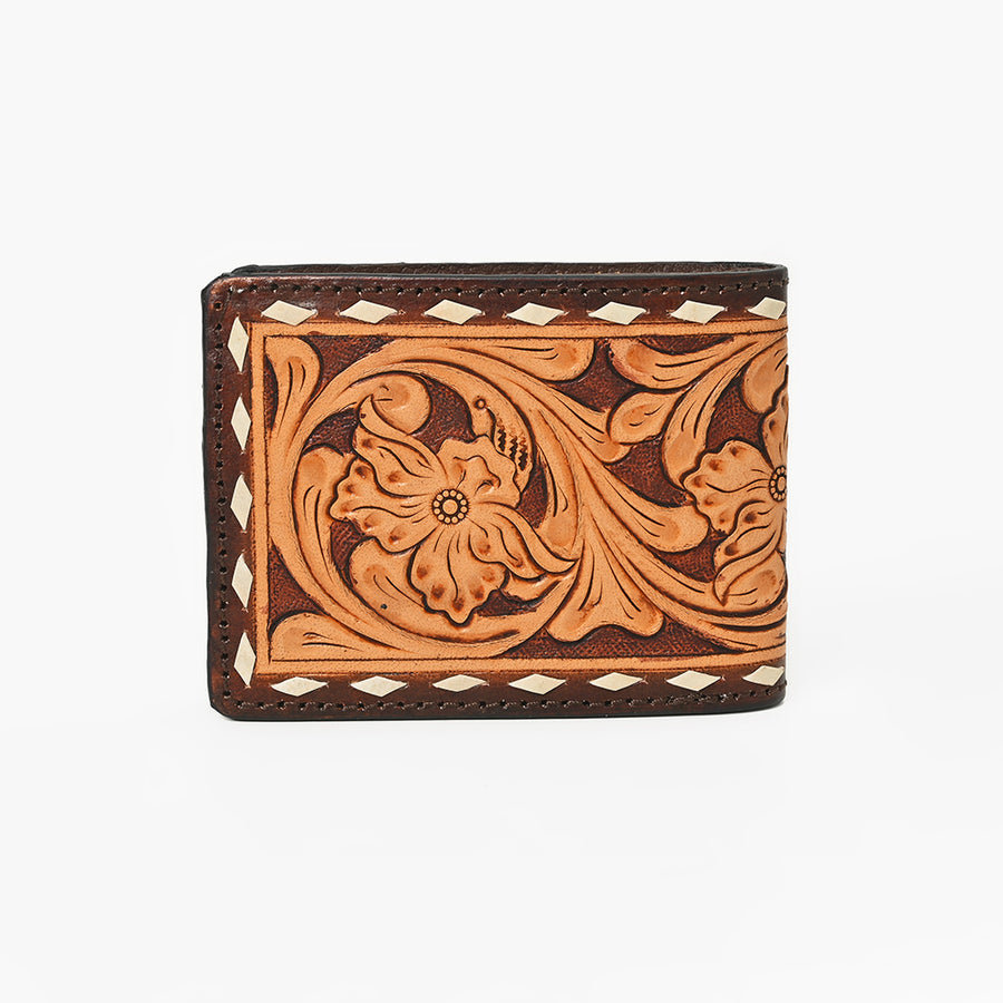 American Darling Hand-Tooled Leather Wallet Hand Bag with Floral Carving Buck Stitching Full-Grain Leather Compartments & Durable Construction