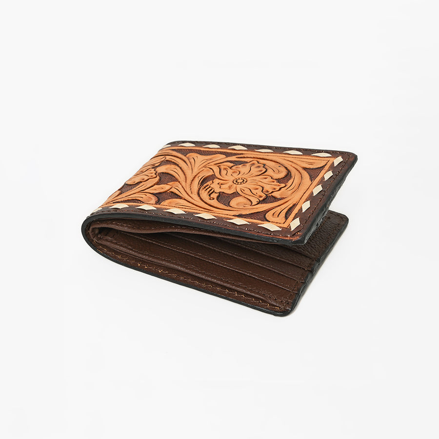 American Darling Hand-Tooled Leather Wallet Hand Bag with Floral Carving Buck Stitching Full-Grain Leather Compartments & Durable Construction