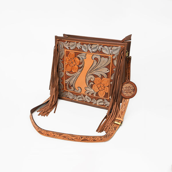 American Darling Hand-Tooled Leather Cross Body Bag with Floral Carving, Fringes and Western Detailing - Uhorse