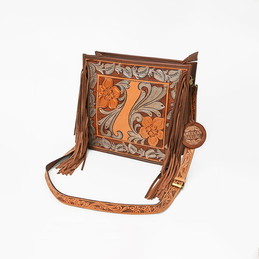 American Darling Hand-Tooled Leather Cross Body Bag with Floral Carving, Fringes and Western Detailing - Uhorse