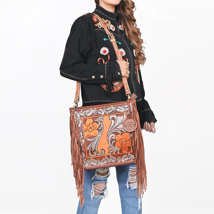American Darling Hand-Tooled Leather Cross Body Bag with Floral Carving, Fringes, Rivet Embossing, Genuine Leather Build & Well-Compartmentalized Interior