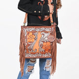 American Darling Hand-Tooled Leather Cross Body Bag with Floral Carving, Fringes, Rivet Embossing, Genuine Leather Build & Well-Compartmentalized Interior