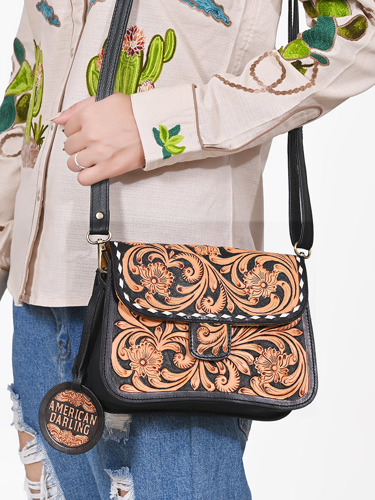American Darling Small Cross body Bag for Women, Hand Tooled Floral Carved Vegetable-Tanned Full Grain Leather Western Purse