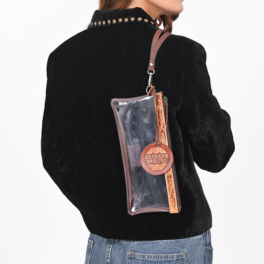 American Darling Wristlet Bag, Hand-Tooled Floral Genuine Leather Western Travel Clutch with YKK Zipper and Wrist Strap