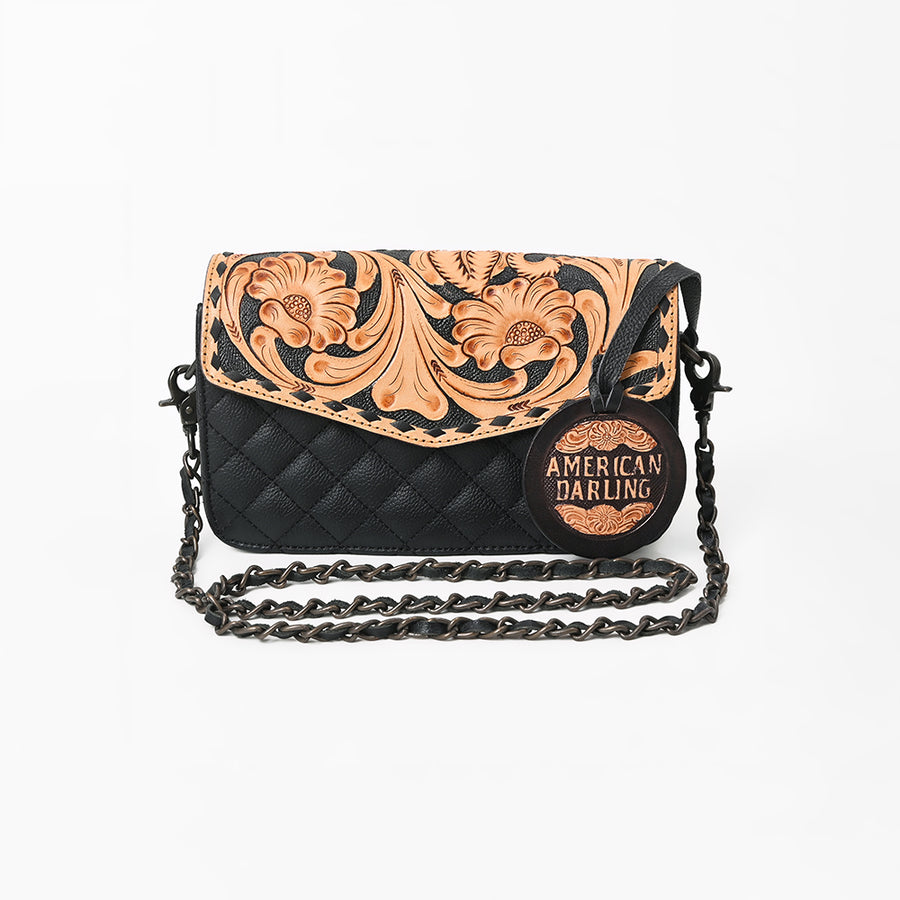 American Darling Small Cross body Bag, Quilted Floral Carved Genuine Leather Western Purse, YKK Zipper