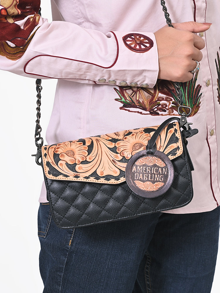 American Darling Small Cross body Bag, Quilted Floral Carved Genuine Leather Western Purse, YKK Zipper