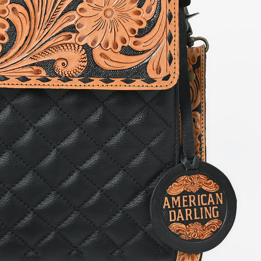 American Darling Hand-Tooled Floral & Quilted Leather Western Messenger Bag