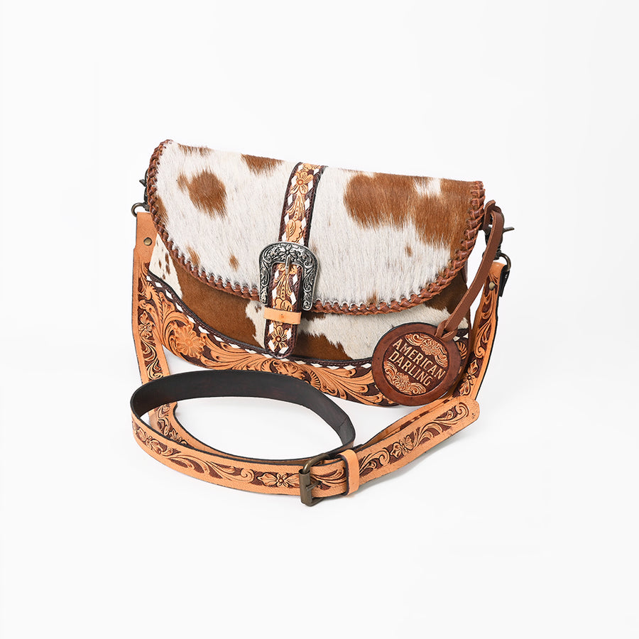 American Darling Hand Tooled Floral and Cowhide Small Cross Body Bag - Uhorse